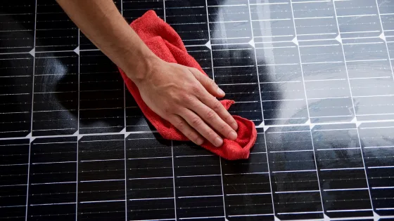 Nettoyage de panneaux solaires avec un chiffon doux et humide