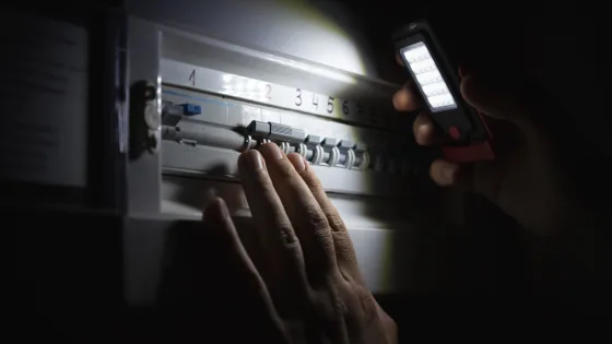 Une personne regarde son tableau electrique avec une lampe de poche